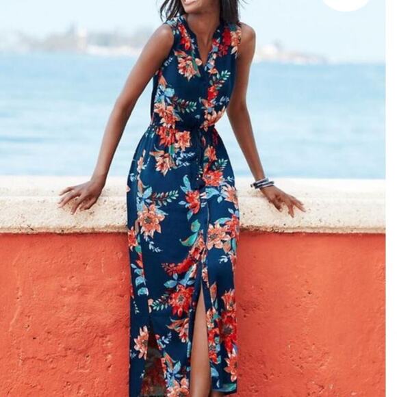TALBOTS Sleeveless, summer Maxi Dress, Blue w/Floral print, size 8 - Picture 1 of 11